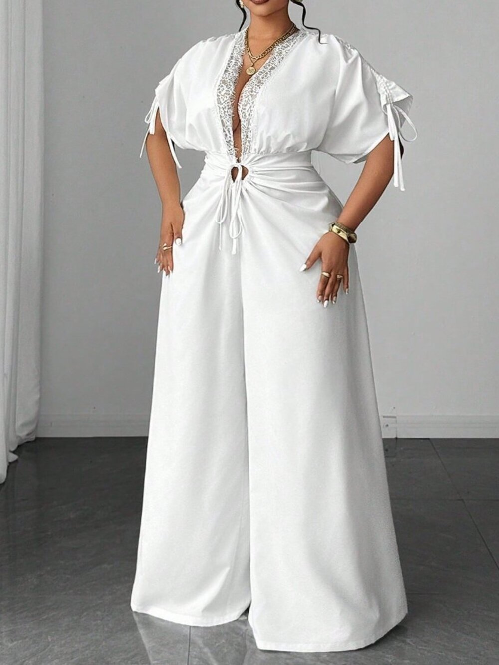 White Casual Women's Classic Short Sleeve Lace Patchwork Jumpsuit